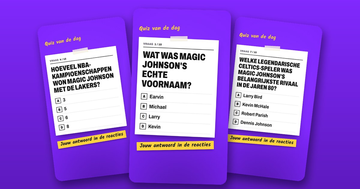 Drie slides van een sportquiz-carrousel op een paarse muur, elk met één vraag, vier antwoorden en een geel briefje met ‘Jouw antwoord in de reacties’