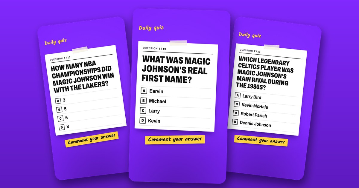 Three slides of a daily sports quiz carousel on a purple wall, each with one question, four options and a yellow note reading Comment your answer