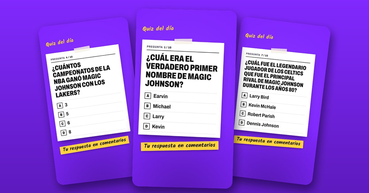 Tres diapositivas de un carrusel de quiz deportivo sobre una pared morada, cada una con una pregunta, cuatro opciones y una nota amarilla que dice «Tu respuesta en comentarios»