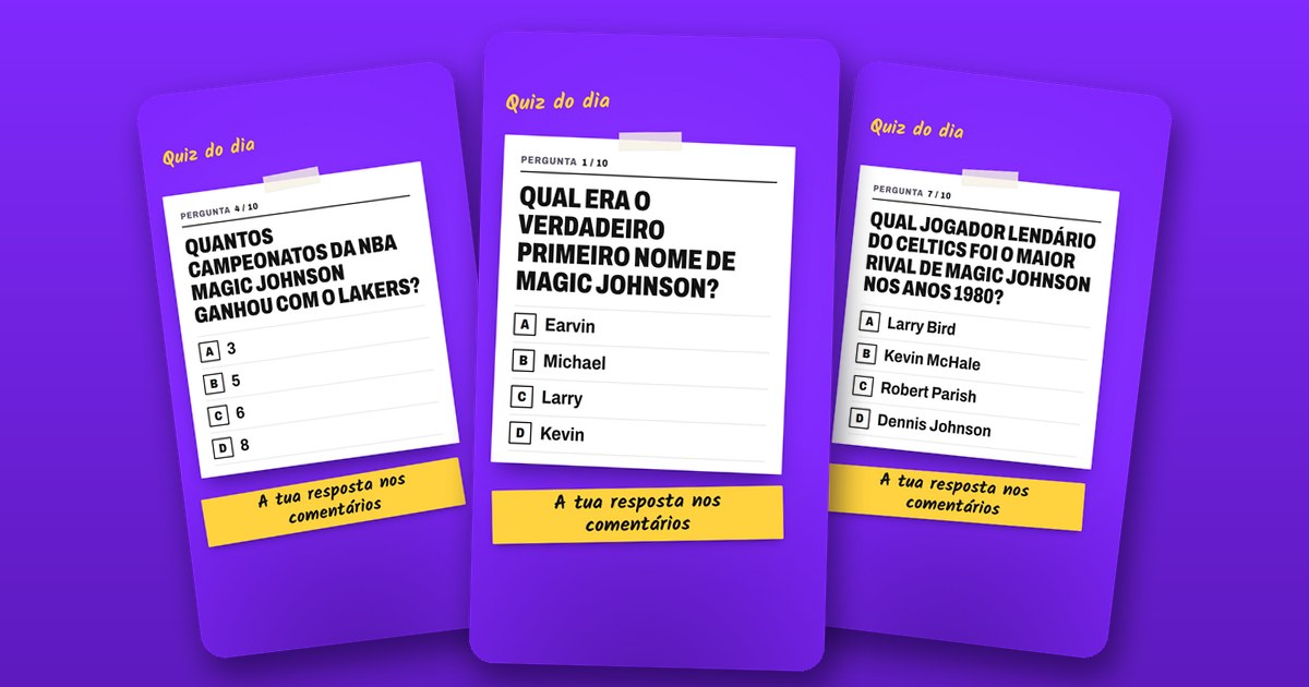 Três imagens de um carrossel de quiz desportivo numa parede roxa, cada uma com uma pergunta, quatro opções e uma nota amarela que diz «A tua resposta nos comentários»