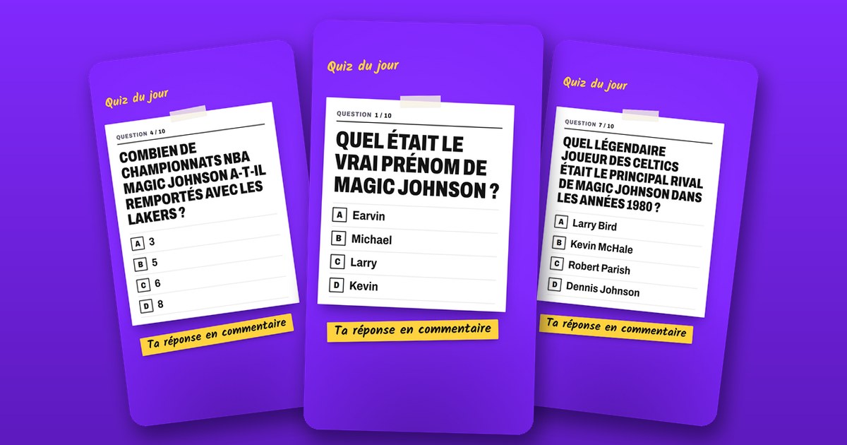 Trois diapositives d'un carrousel de quiz sportif sur un mur violet, chacune avec une question, quatre réponses et une note jaune « Ta réponse en commentaire »