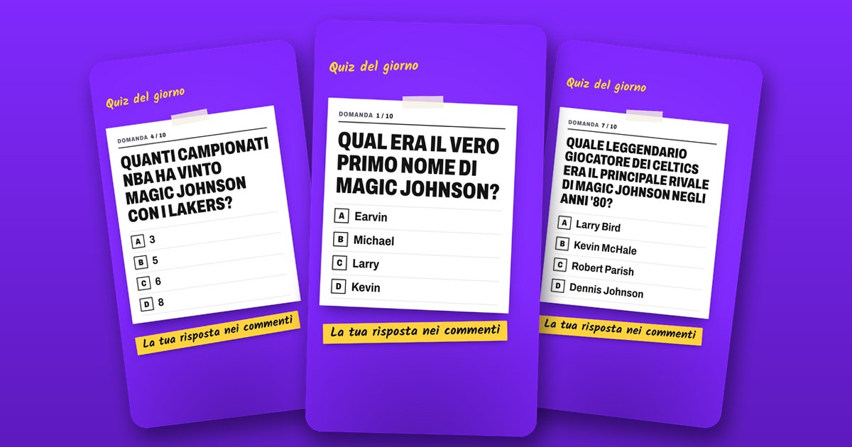 Tre slide di un carosello di quiz sportivo su una parete viola, ognuna con una domanda, quattro opzioni e un biglietto giallo con scritto «La tua risposta nei commenti»